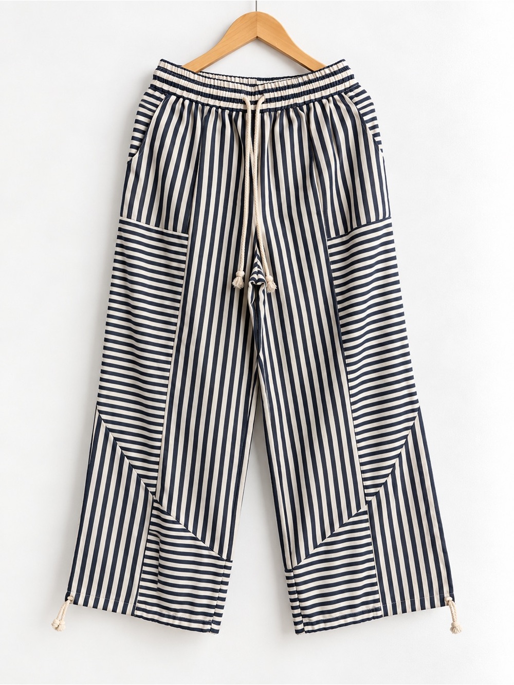 Navy & White Striped Wide-Leg Drawstring Pants